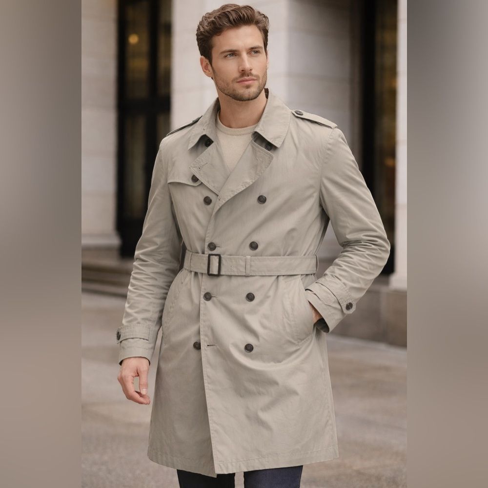Vintage Adams Row Mens Size 40R Lined Khaki Belted Trench Coat